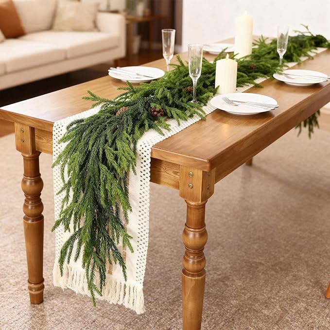 6FT Real Touch Norfolk Pine Garland - Artificial Christmas Garland Fake Green Faux Pine Needles Garland for Table Fireplace Mantle Holiday Home Indoor Outdoor Decor (2PCS)