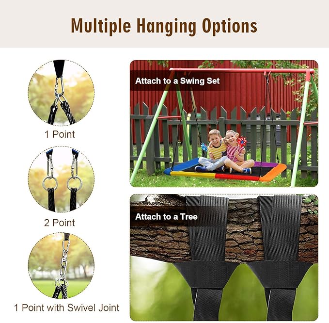 Costzon 700lb Giant 60'' Platform Tree Swing for Kids and Adults, Wear- Resistant Indoor/Outdoor Rectangle Swing with Durable Steel Frame and 2 Hanging Straps for Porch, Backyard (Rainbow)