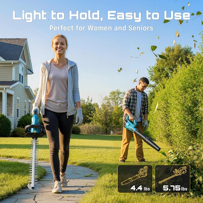 SEESII Cordless Hedge Trimmer and Leaf Blower Combo, 2 Pcs 4.0Ah Batteries, Electric Handheld Bush Trimmer with 20 Dual-Action Blade, Lightweight Brushless Blower with 2 Speed Modes for Yard Garden