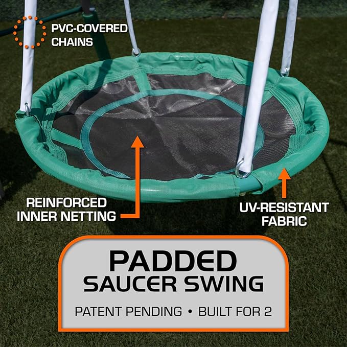 Sportspower Northridge Metal Swing Set, 500 lb Capacity, 32" Saucer, 2 Blow-Molded Swings & 5ft Slide, Durable 6ft Frame, Outdoor Backyard Playset for Kids Aged 3–8