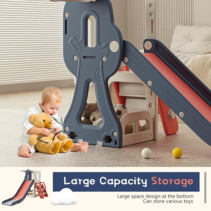 Toddler Slide,Kids Climber Slide with Storage Space and Non-Slip Steps,Indoor Outdoor Playset with Basketball Hoopa and Telescope,Slide for Toddlers Age 1-3