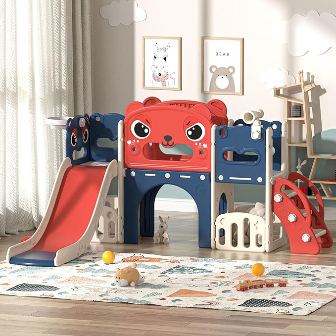 9-in-1 Toddler Slide and Climber Playset Freestanding Indoor Outdoor Kids Slide for Age 1-8, Backyard Playground with Basketball Hoop,Telescope,Storage Space
