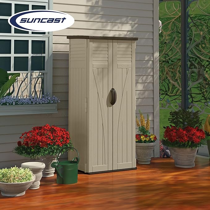 Suncast 22 Cubic Feet Capacity Tall Plastic Vertical Outdoor Shed for Garden, Backyard, Patio, or Pool Supplies Storage, Brown