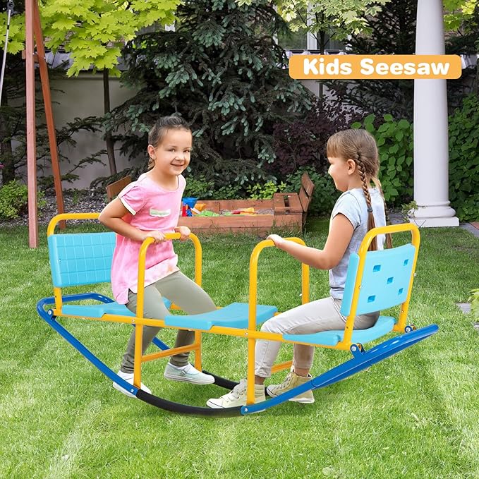 HONEY JOY Kids Seesaw Teeter Totter, 3-Person Heavy Duty Metal Playground Equipment for Backyard, Indoor Outdoor Rocking Fun for Toddlers Boys Girls Age 3-8, Teeter Totter for Kids Outdoor(Blue)