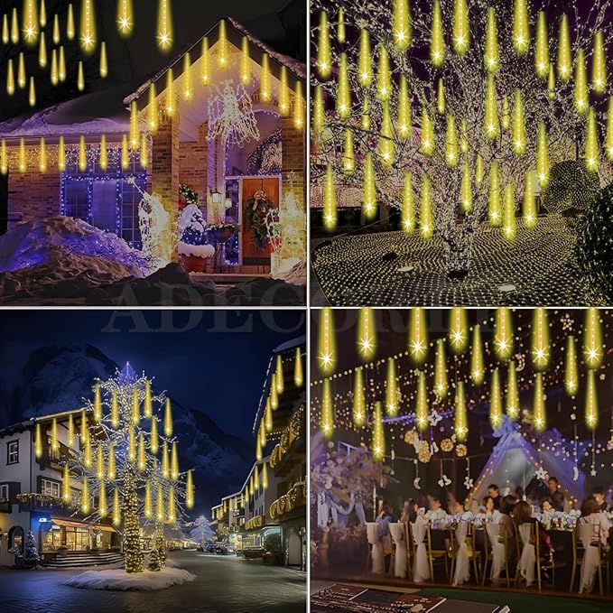 Christmas Lights Outdoor, UL Certified Falling Rain Drop Light 8 Tubes 192 LED Meteor Shower Snow Dripping Icicle Lights for Xmas Tree Christmas Decorations Holiday Party, Warm White