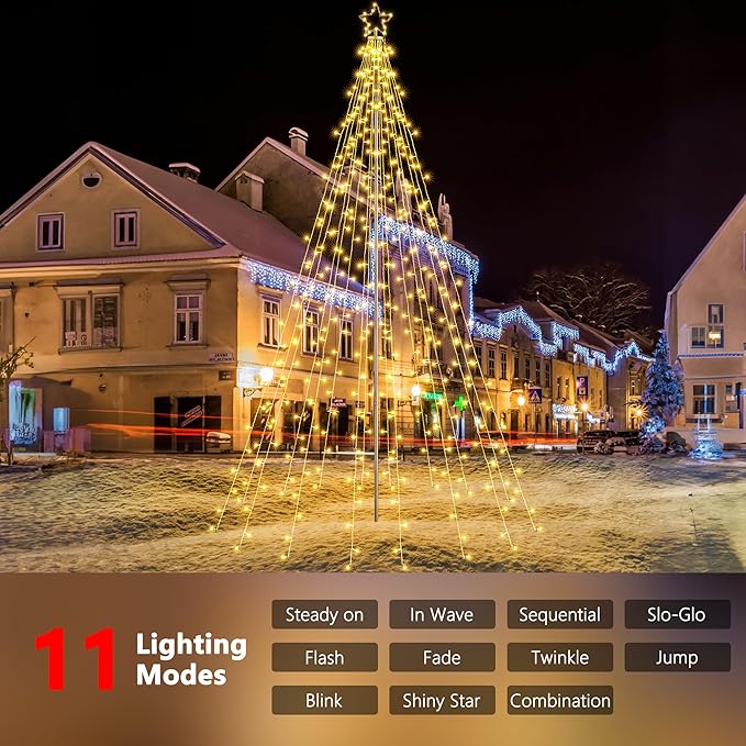 Flacchi 10 FT 404 LED Star String Lights Outdoor - Pole Set with Remote, Multiple Lighting Modes, Timer, and Waterproof Feature for Ultimate Holiday Decor (Warm White)