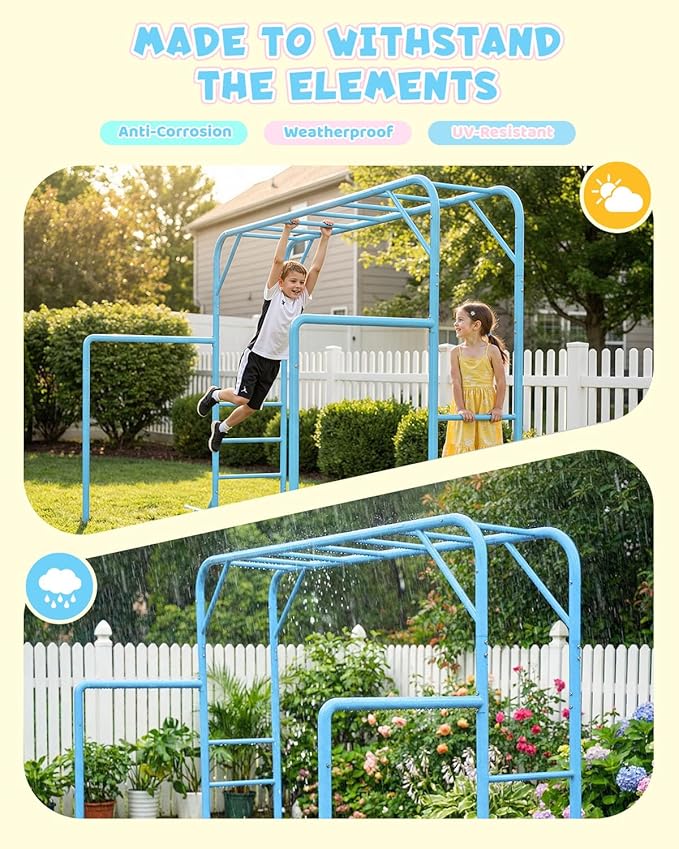 Outdoor Monkey Bar Set with Climbing Frame, Gymnastics bars, Playground Set for Backyards, Metal Monkey Bar for Kids Age 3 and Up, Backyard Playground Set with Powder Coated Steel, SkyBlue