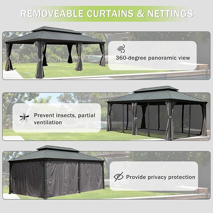 Domi 14x24FT Outdoor Gazebo, Hardtop Gazebo with Galvanized Steel Double Roof, Metal Gazebos with Drainage System Patio Pergola for Patio Deck Backyard,Curtain and Netting,Gray