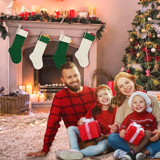 Personalized Christmas Stockings 18 Inches Large Size Cable Knitted Stocking Gift and Decorations for Holiday Family Xmas Party (Green and White, Pack of 2)