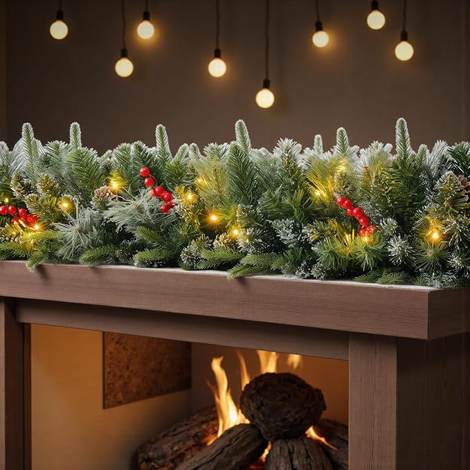 9FT Prelit Christmas Garland Decorations Snow with Dual Color LED Lights and Timer by Remote Control and Batteries Operated, Home Mantle Stairs Railing Fireplace Outdoor Indoor Wall