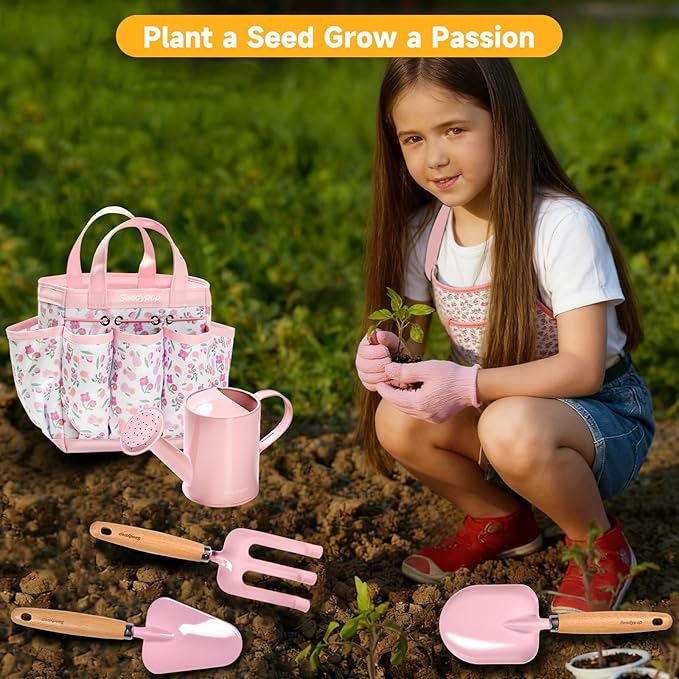 Kids Gardening Tool Set Toys - 8 Pieces Quality Garden Kit for Toddlers & Kids with Shovels, Rake, Watering Can, Hat, Apron, Gloves & Storage Bag（Pink）
