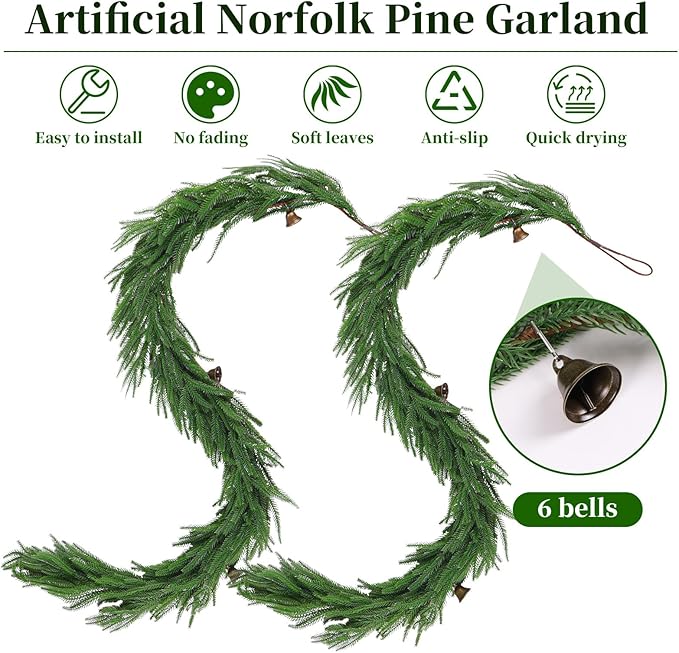 Christmas Garland of Artificial Norfolk Pine 2 Pcs 6 FT Christmas Decorations Indoor of Real Touch Garland with Bells Green Greenery Garland for Table Mantle Wall Stairs Home Outdoor （Green）