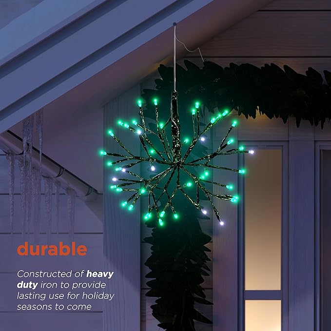 Alpine Corporation 10"H Indoor Christmas Twig 3D Hanging Snowflake Ornament with LED Lights, Green , Christmas Decoration