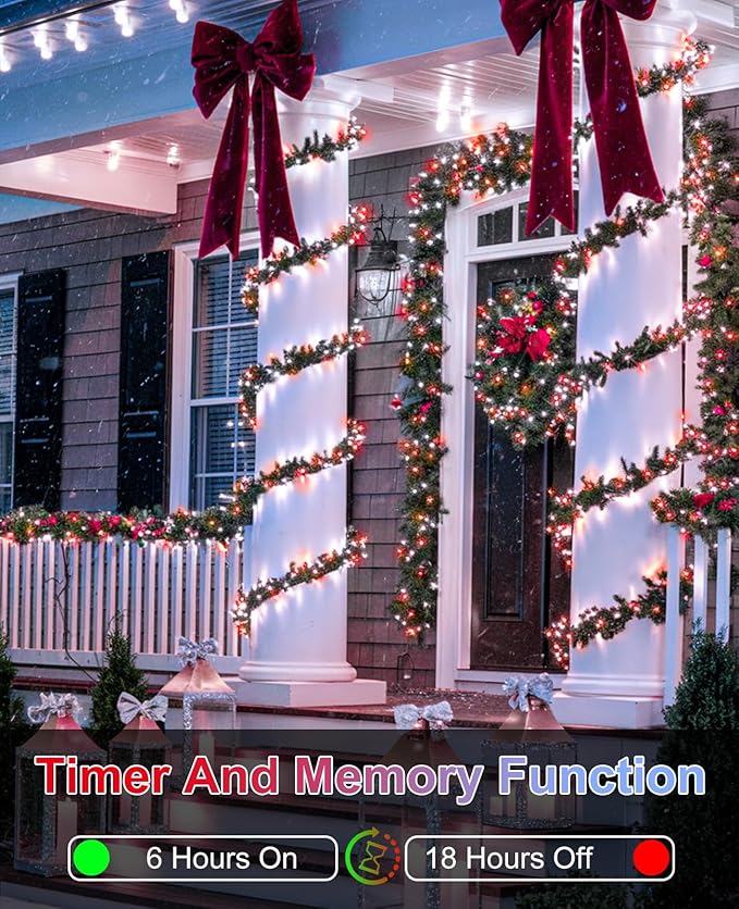 40FT 120 LED Christmas Lights Outdoor, Red White Christmas String Lights Waterproof, 8 Modes & Timer, Connectable Christmas Tree Lights for Indoor House Patio Xmas Holiday Decorations