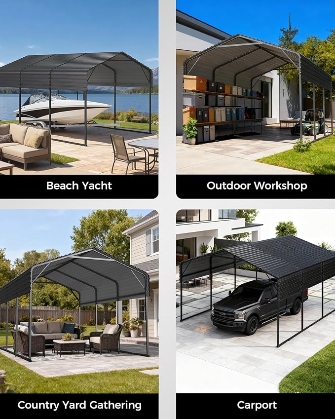 10x15FT Heavy Duty Metal Carport with Galvanized Steel Roof - All-Weather Car Shelter for Cars, Trucks, Boats, Reinforced Frame, Enhanced Base, Metal Car Port Garage