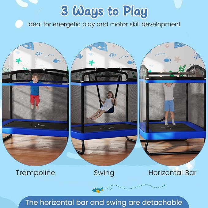 Goplus 6 x 4 FT Rectangle Trampoline for Kids, Indoor Outdoor Toddler Trampoline with Swing, Gymnastics Bar & Safety Enclosure Net, ASTM Approved Gift for Children Boys Girls