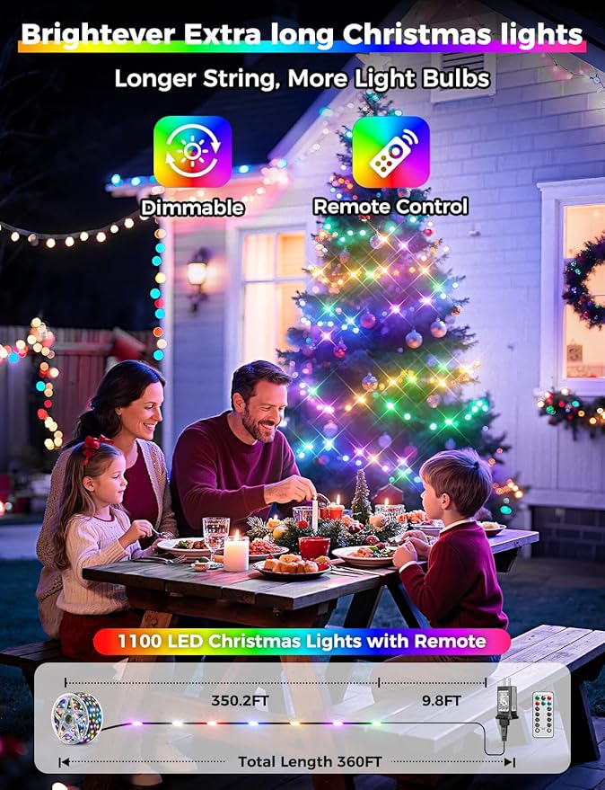 Brightever 360FT 1100 LED Christmas Lights with Remote, IP67 Waterproof Plug-in Christmas Tree Lights - 8 Modes & 3 Timers, Dimmable Outdoor String Light for House Yard Xmas Decorations (Multicolor)