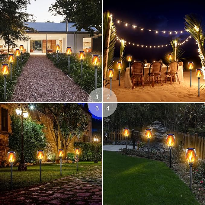 Large Solar Torch Light with Flickering Flame, Outdoor Decorative Solar Tiki Torches for Outside, Super Bright Landscape Lighting for Garden, Pathway, Yard, Auto On/Off (8 Pack)