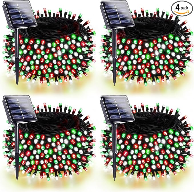 4 Pack 180FT Solar Christmas Lights Outdoor Waterproof, Super Bright 320 LED Solar String Lights with 8 Lighting Modes, Green Wire Solar Twinkle Tree Lights for Outside Xmas Party(Red White and Green)