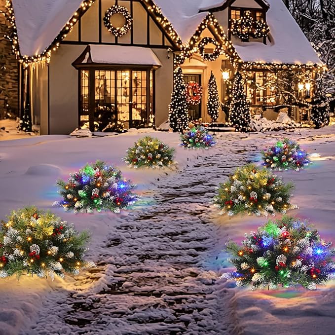 Timer Dual Color Change 2 Pack Christmas Tree Outdoor Urn Filler 24Inch Artificial Snowy Pinecone Red Berries Tripod Stake Warm White & Colorful Lights Battery Operated 8 Mode Porch Decor Pathway Yard