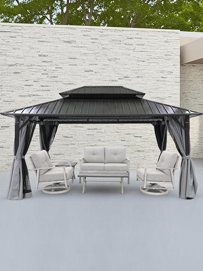 12' x 16' Hardtop Gazebo, Outdoor Patio Gazebo, Aluminum Frame Patio Hardtop Gazebos with Netting and Curtain, Outdoor Patio Pergola with Double Steel Roofs for Deck, Lawns, Garden, Slate Gray