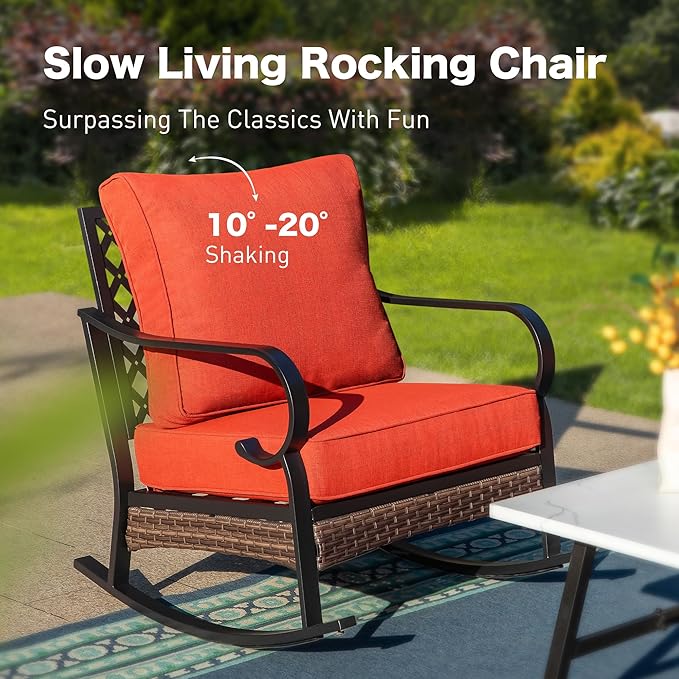 6 Piece Metal Outdoor Patio Furniture Sets with Firepit Table, Patio Conversation Sets 1 3-Seater Sofa, 2 Leg Sofa and 2 Rocking Chair with 5.75" Cushion for Backyard Deck, Rust Red