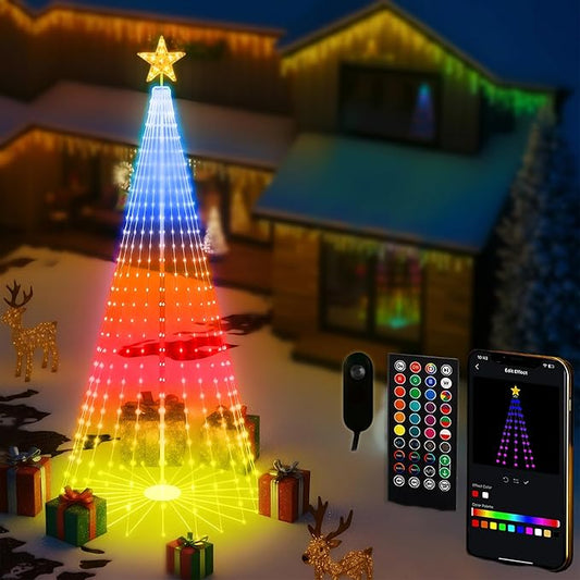 8FT Outdoor Christmas Tree, Smart RGBW Lighted Christmas Cone Tree App and Remote Control, DIY Multi-Color Lightshow 355 LEDs Christmas Tree with Timer and Music Sync, Christmas New Year Decoration