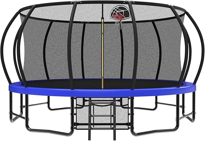 Lyromix 12 14 15 16FT Outdoor Trampolines for Kids and Adults, Pumpkin Trampolin with Curved Poles, Recreational Trampolin with Basketball Hoop and Safety Enclosure Net for Kids and Adults