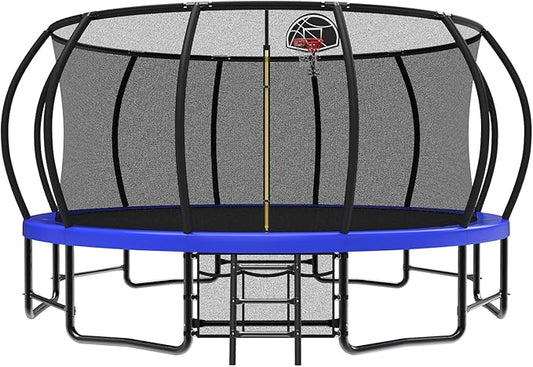 Lyromix 12 14 15 16FT Outdoor Trampolines for Kids and Adults, Pumpkin Trampolin with Curved Poles, Recreational Trampolin with Basketball Hoop and Safety Enclosure Net for Kids and Adults