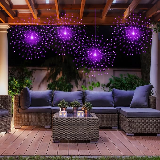 2 Pack Starburst Sphere Lights,200 LLED Firework Lights, 8 Modes Dimmable Remote Control Waterproof Hanging Fairy Light, Copper Wire Light for Patio Parties Christmas (Purple)