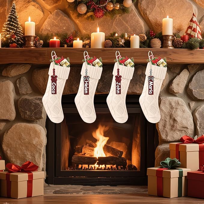 Christmas Stockings 18 Inches,Long Knitted Stocking with Name Tags, Christmas Decoration Hanging Stockings Fireplace Xmas Tree Ornaments for Home Family