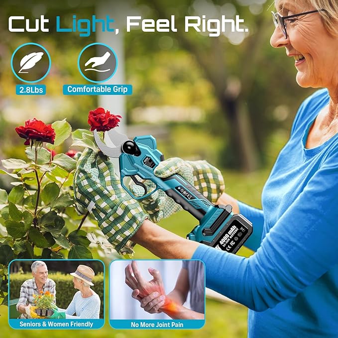 Seesii Electric Pruning Shears for Gardening: 1.8¡± Cutting Cordless Power Pruner - Brushless Motor, Dual 4.0Ah Battery, 4 Levels Adjustable Extra SK5 Blade Branches Cutter For Tree & Flower Trimming