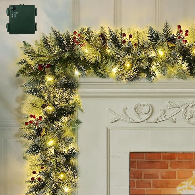 9FT Flocked Christmas Garland with 100 Lights for Mantle - Prelit Christmas Garland Lighted Xmas Garland Pine Cone Berry Cebar Garland Lights with Timer Outdoor Indoor Decorations