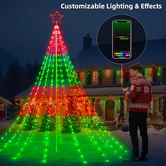 Probro 12FT Outdoor Christmas Tree Lights with Iron Pole, 468 LED RGB Color Changing, APP and Remote Control, IP65 Waterproof, 85+ Lighting Modes for Yard Holiday Xmas Party Outside Decorations