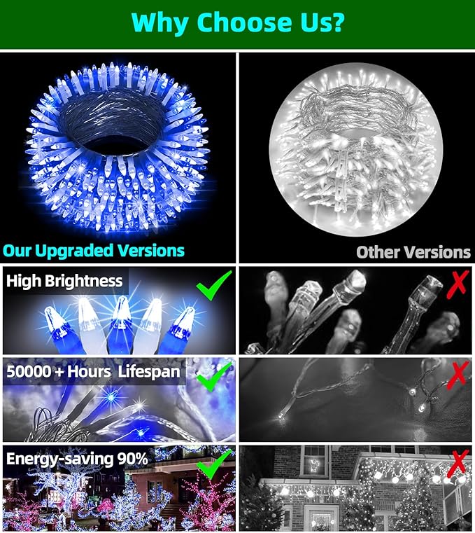 750 LED Chrstmas Lights, 240ft Outdoor Christmas String Lights with 12 Modes, Blue Cool White LED String Lights with Timer Dimmable Waterproof for Tree Fence Xmas Wedding Party Decor Blue & Cool White