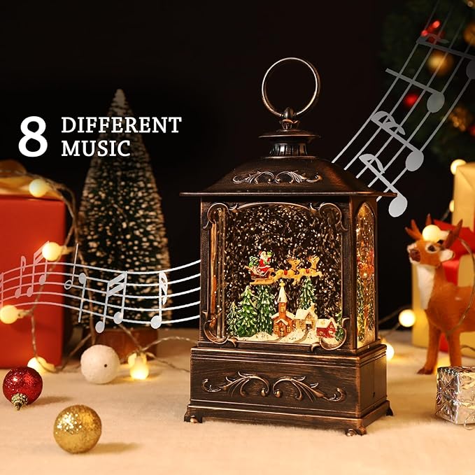 Christmas Decorations Christmas Snow Globe Glittering Lantern with Music & Timer, Christmas Lanterns USB Lined/Battery Operated Lighted Lantern for Decoration Gifts
