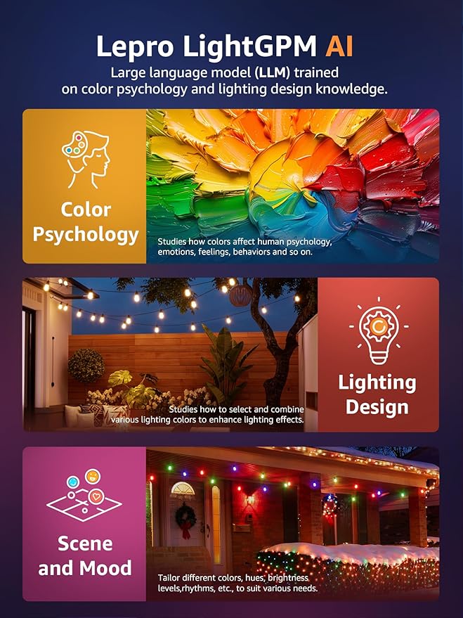 Lepro ZB1 AI Smart Outdoor String Lights APP Control, 100(88+12) ft RGB+IC+Warm White Outdoor Light 30 LED Bulbs, NOT Extendable, Alexa Google Enabled, Music Sync, NO Remote, 2.4 GHz WiFi+Bluetooth