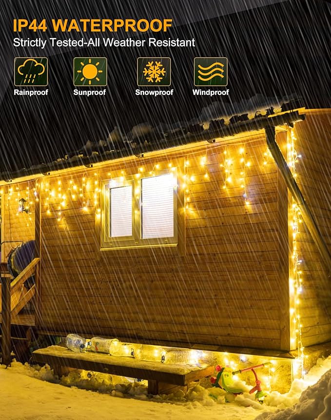 Icicle Christmas Lights Outdoor 520 LED 49FT Warm White, 80 Drops 2700K Icicle Christmas Lights with Remote/8 Modes/Timer, IP44 Waterproof for Roof Gutter Wedding Holiday Decorations