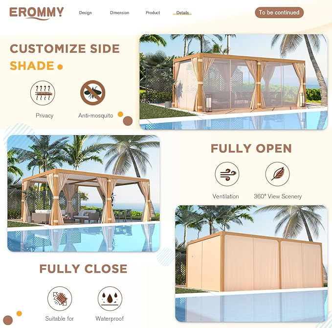 EROMMY Louvered Pergola 12' x 20' Outdoor Hard Top Gazebo with Wooden Grain Aluminum Frame and Adjustable Metal Rainproof Roof for Garden & Patio, Curtains and Netting Included, Wood Grain