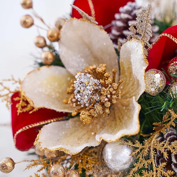 Holiday Tree Christmas Centerpiece - Glam Magnolia Arrangement with Pot. A Unique Design Ornament to Brights Out Your Christmas Atmosphere