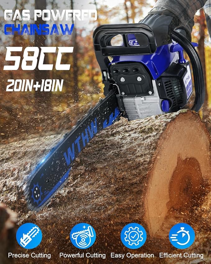 58 cc Gas Powered Chainsaw, 20 in & 18 in Quick-Switch Bars – 550 ml Fuel 260 ml Oil Tanks, Automatic Chain Oiler, Centrifugal Air Filter, Quick Start, Inertial Chain Brake (WH5806)