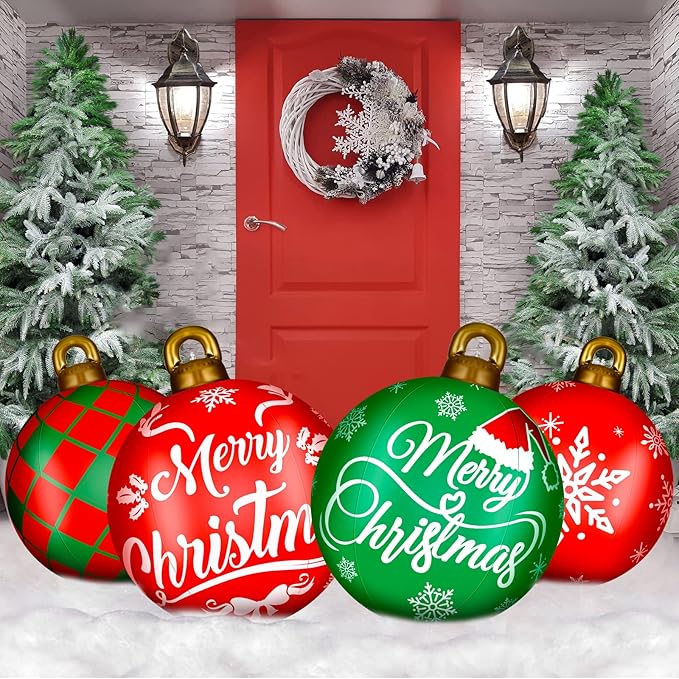 Jetec 4 Pcs Giant Inflatable Christmas Ball Large Xmas Inflatable Ornaments PVC Outdoor Holiday Blow Ball Outside Yard Lawn Porch Decorations (Cute,Mixed Red Green)