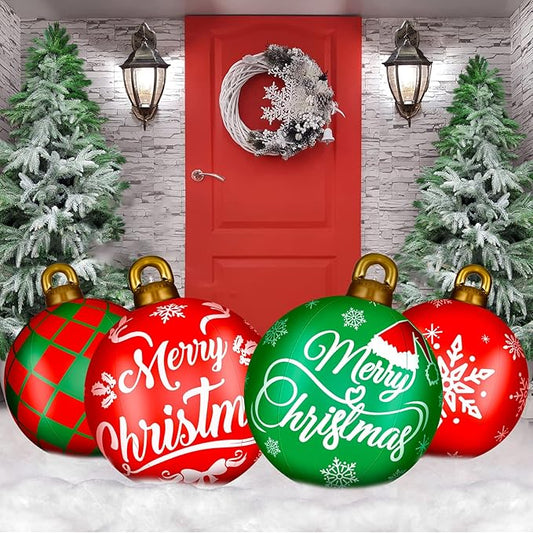 Jetec 4 Pcs Giant Inflatable Christmas Ball Large Xmas Inflatable Ornaments PVC Outdoor Holiday Blow Ball Outside Yard Lawn Porch Decorations (Cute,Mixed Red Green)