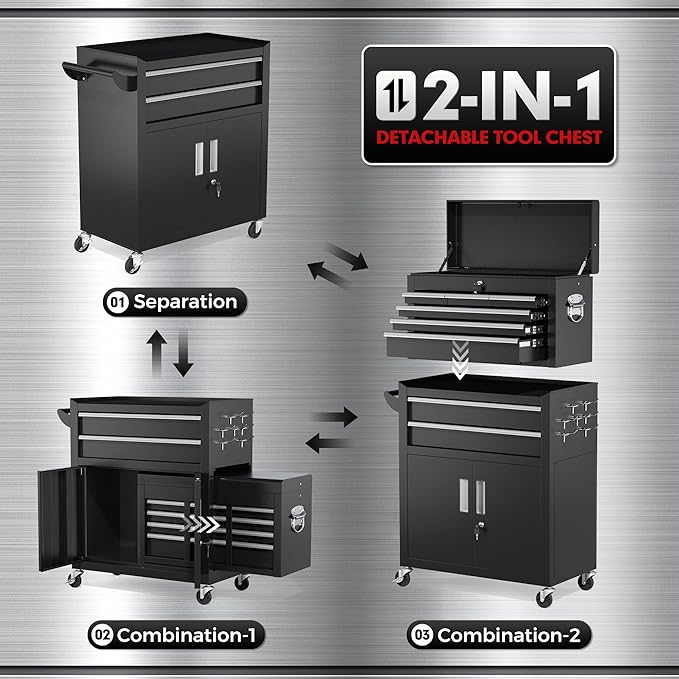 INTERGREAT 8-Drawers Rolling Tool Chest, Assembled Tool Chest with Wheels, Detachable Top Tool Box, Tool Cabinet for Repair Room,Warehouse, Rolling Tool Box with Hooks,Tray Divider,Liners(Black)