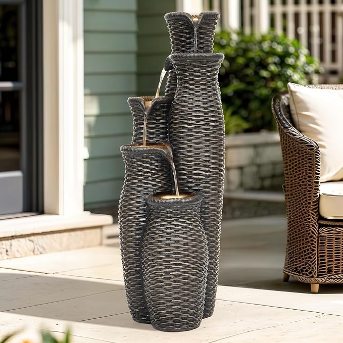 Autodaya 5-Tier Faux Rattan Vase Water Fountain Outdoor with LED Lights, Polyresin Cascading Waterfall Feature, Tranquil Oasis for Garden, Patio, Yard, or Porch