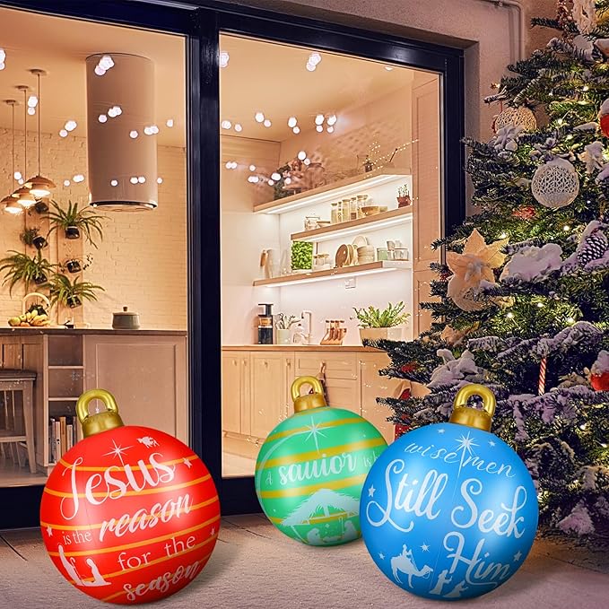 Jetec 4 Pcs Giant Inflatable Christmas Ball Large Xmas Inflatable Ornaments PVC Outdoor Holiday Blow Ball Outside Yard Lawn Porch Decorations (Religious,Cute Color)
