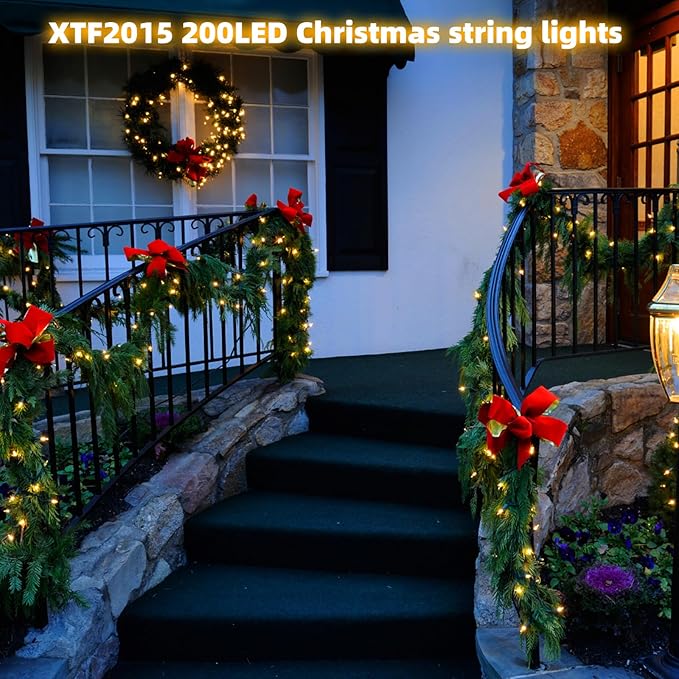 XTF2015 Christmas Lights 66ft 200 LED String Lights Timer Memory Function USB or Battery Powered Waterproof for Indoor Outdoor Decoration (Warm White)