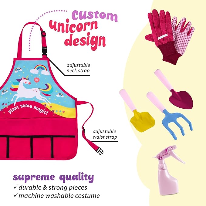 Born Toys Unicorn Kids Gardening Set for Ages 3 & Up, Includes Apron, Sun Hat, Gloves, Shovel - 11pcs Girls Gardening Kit (Pink)