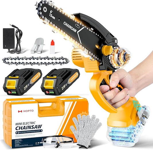 Chainsaw 6-Inch 2 Pack 2000mAh Battery Hand Mini Chain Saw Birthday Christmas Gifts for Men Portable Cordless for Wood Cutting Tree Trimming Projects Gardening Tools (Yellow)