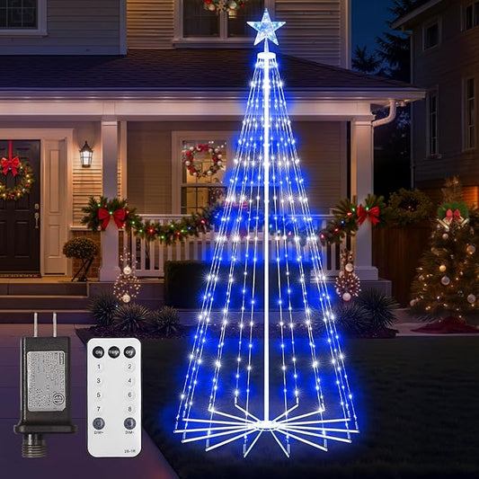 Christmas Cone Tree Light, 7ft 295 LED Light Show Christmas Tree with 8 Modes Timer Remote, Dimmable Artificial Christmas Tree for Porch Yard Patio Indoor Outdoor Xmas Holiday Decor, Blue & White